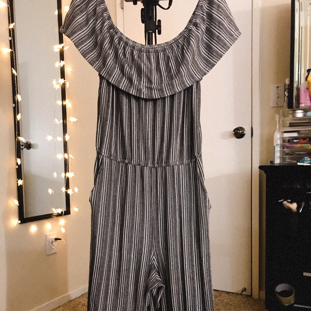 Stripe Black and White Off Shoulder Jumpsuit